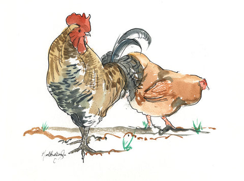 CH007 - cockerel and chicken art print by Mark Huskinson