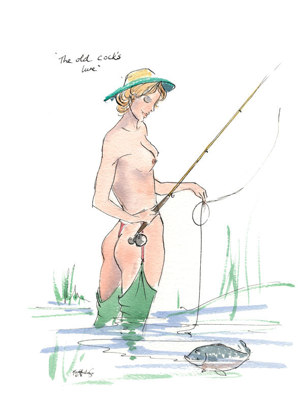 The Old Cock's Lure - fishing cartoon art print by Mark Huskinson