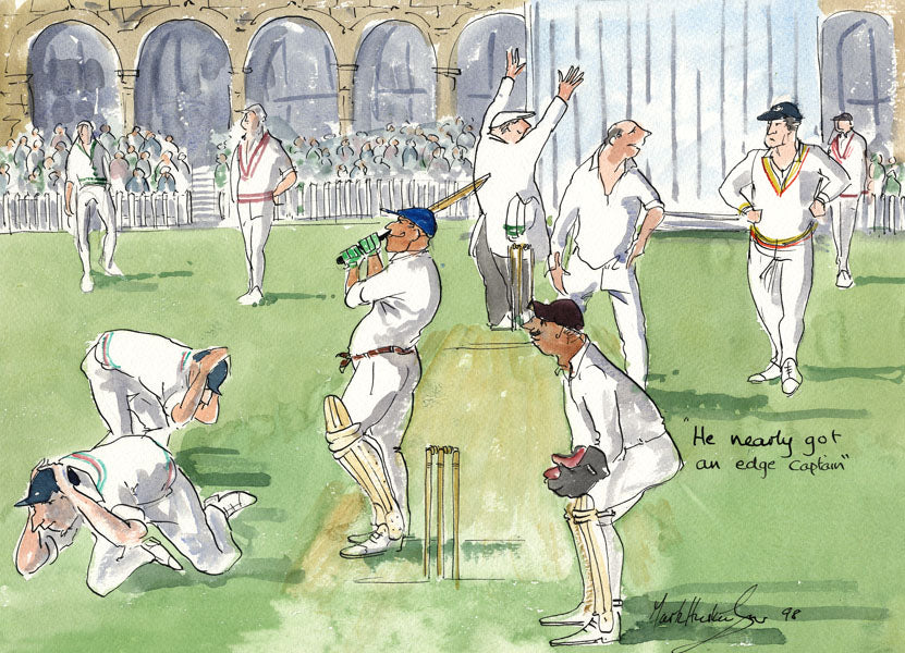 He Nearly Got An Edge Captain - cricket art print by Mark Huskinson