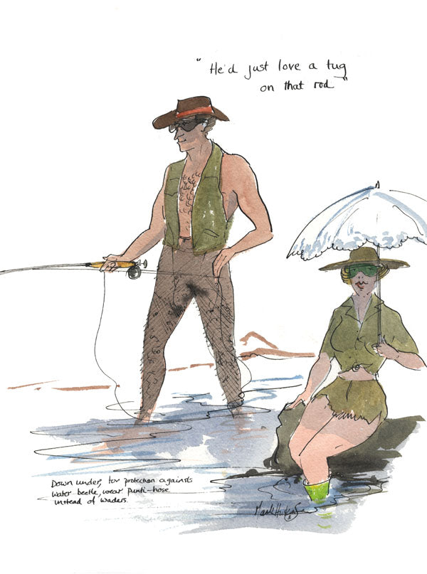 He'd Just Love A Tug On That Rod - fishing cartoon art print by Mark Huskinson