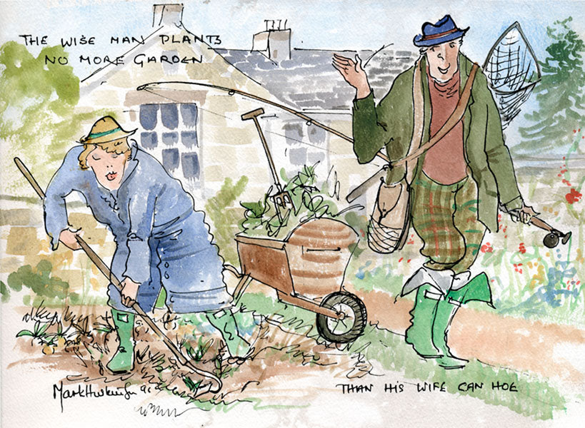 The Wise Man Plants No More Garden - fishing and gardening cartoon art print by Mark Huskinson