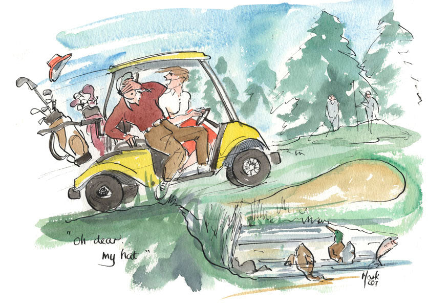 Oh Dear My Hat - golfing cartoon by Mark Huskinson