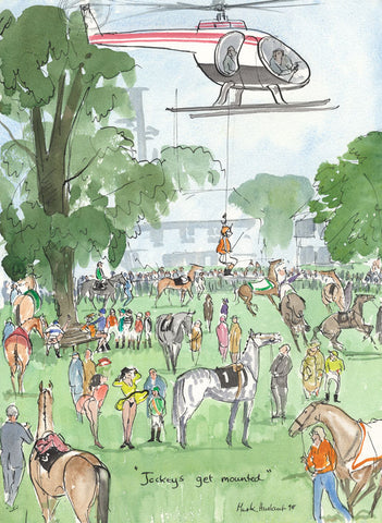 Jockeys Get Mounted - horse racing art print by Mark Huskinson