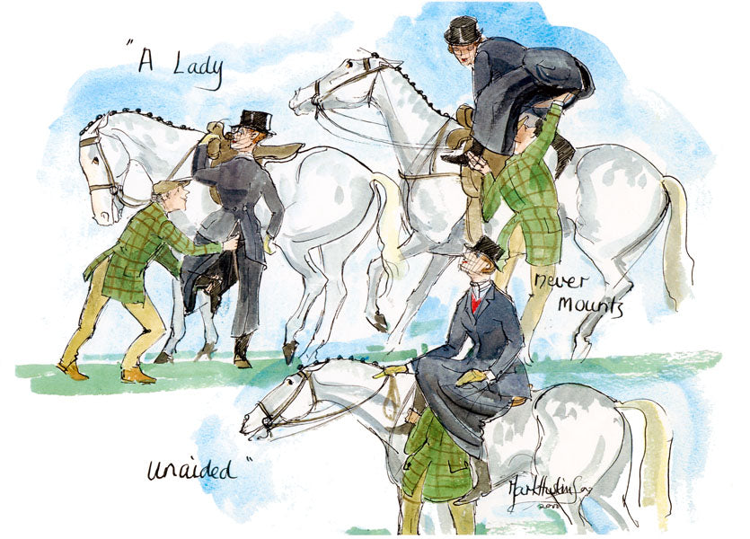 A Lady Never Mounts Unaided - hunting cartoon by Mark Huskinson