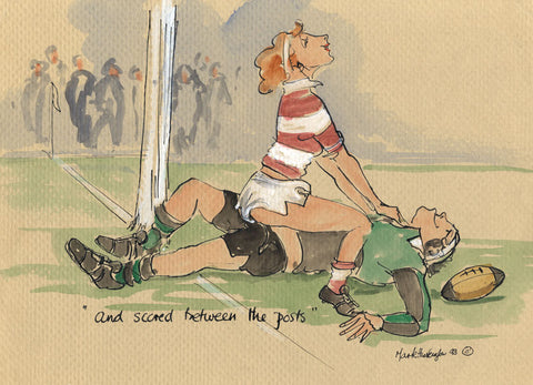 And Scored Between The Posts - rugby art print by Mark Huskinson