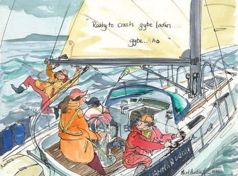 Ready To Crash Gybe Ladies - sailing cartoon art print by Mark Huskinson