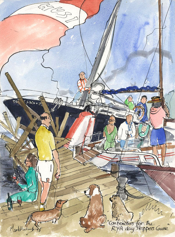 Contenders For The RYA Day Skippers Course - sailing cartoon art print by Mark Huskinson