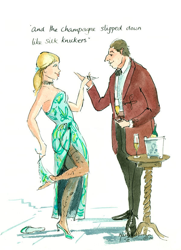Champagne Slipped Down Like Silk Knickers - wine cartoon by Mark Huskinson